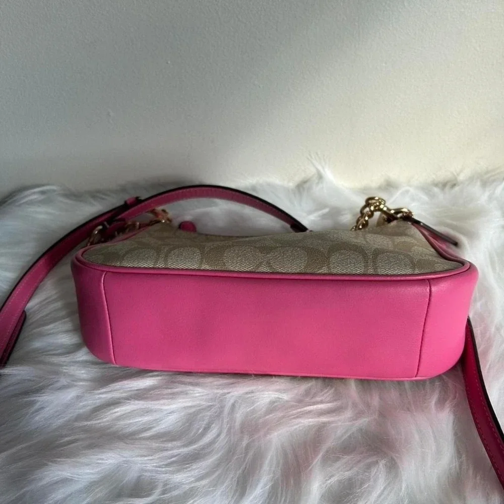 Coach Teri Shoulder Bag Signature Canvas Pink Leather Trim Khaki Gold CA548 - Picture 3 of 8